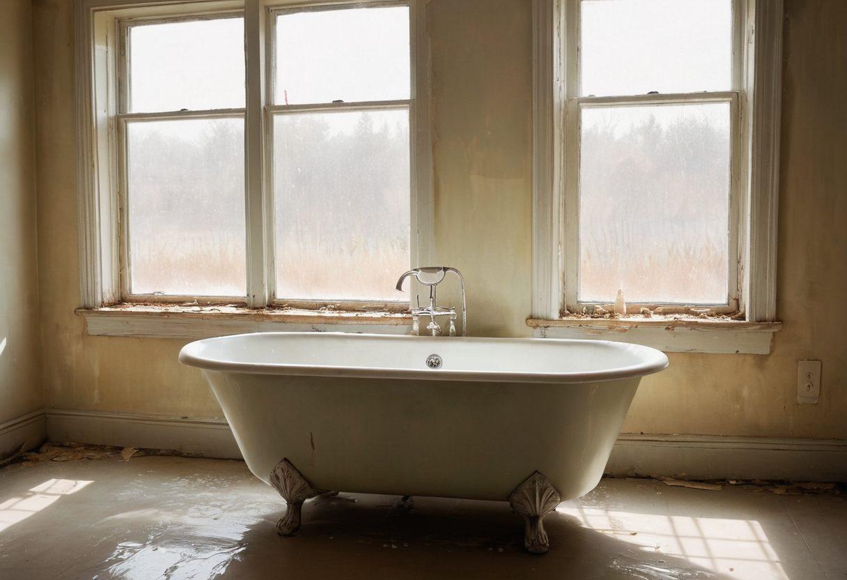 An elegant, moody scene featuring a vintage bathtub surrounded by neglected bathing suits in soft, muted colors, reflecting an air of melancholy yet beauty. The sunlight gently filters through a dusty window, casting delicate shadows that enhance the tranquility of the space. Splashes of water droplets create a serene ambiance, accentuating the forgotten elegance of the suits. Soft, painterly textures add depth, evoking a sense of nostalgia and artistry. painting. soft colors. ethereal light.