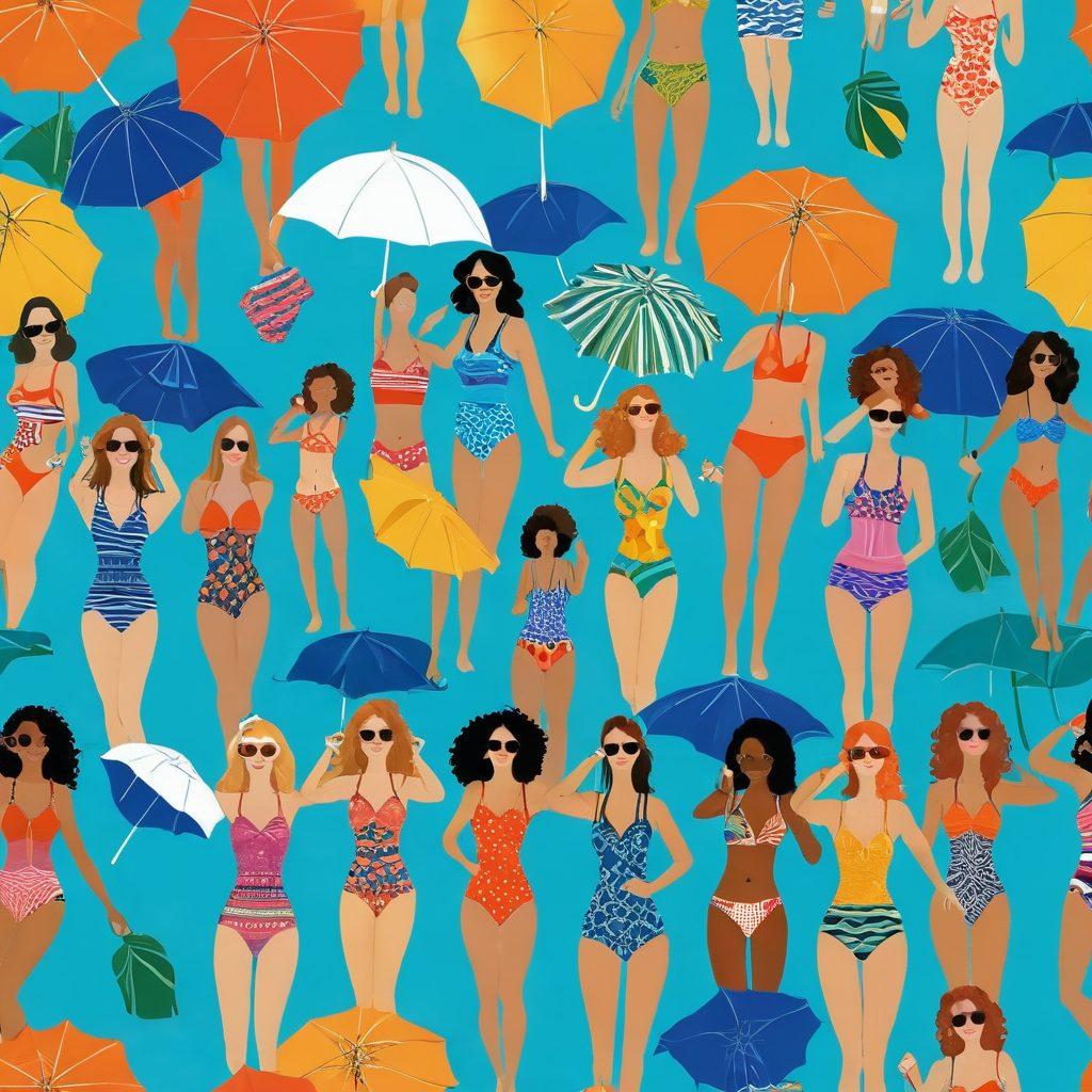 A whimsical beach scene featuring a vibrant mix of unconventional swimwear styles, reflecting unique textures and patterns. The sun shines brightly over a diverse group of happy people embracing their quirky swimsuits, showcasing confidence and charm. The background includes a playful ocean with beach umbrellas and soft waves, evoking a sense of joy. Bold colors and exaggerated features add to the playful aesthetic. 3D. vibrant colors. upbeat atmosphere.